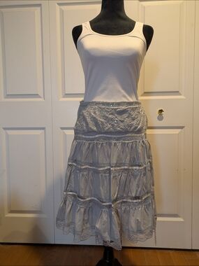 Light Gray Tiered Lace Midi Skirt